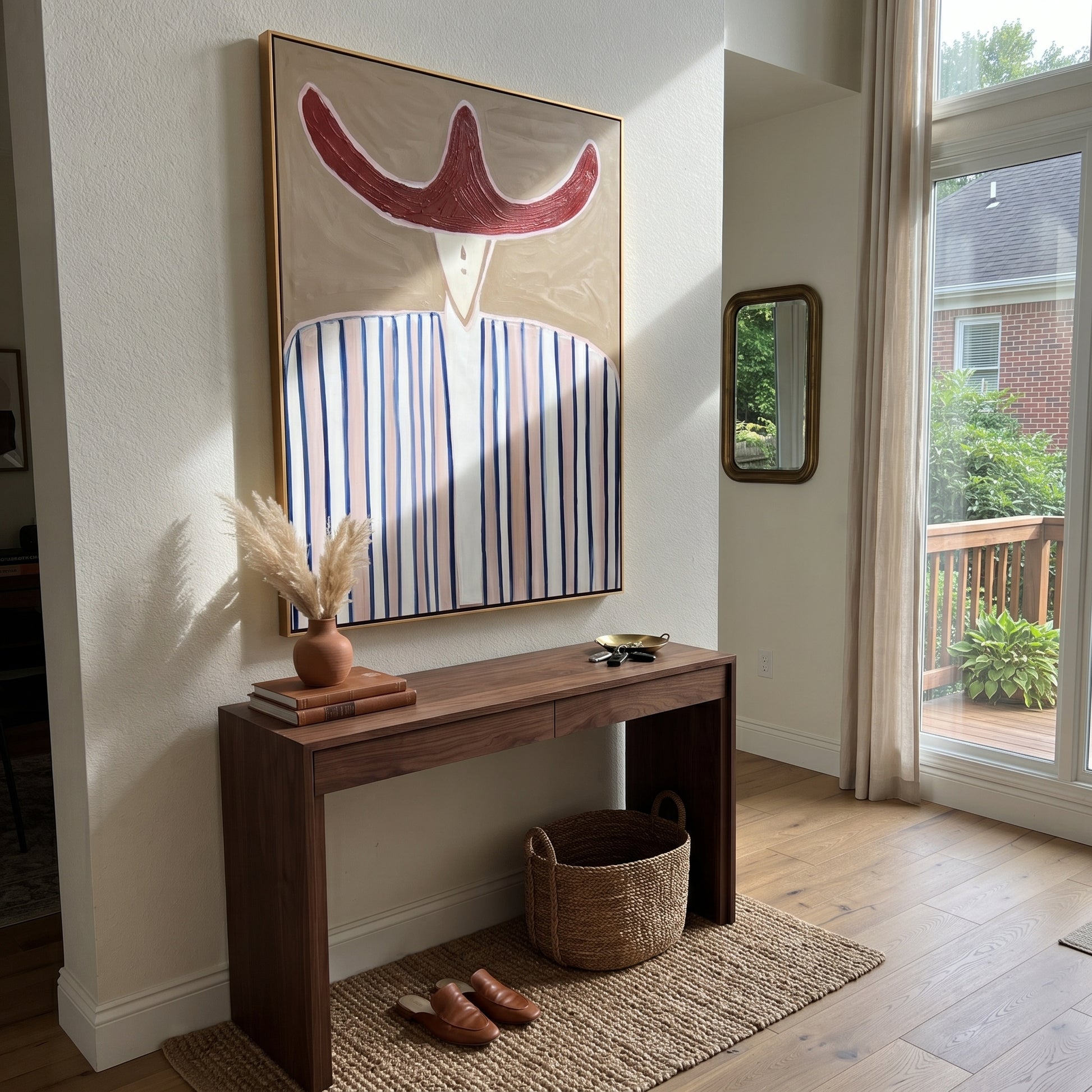 Rust Horns Meet Lines - blue striped hat figure painting by Elliot Vale, modern figurative vertical wall art - styled room scene view 2