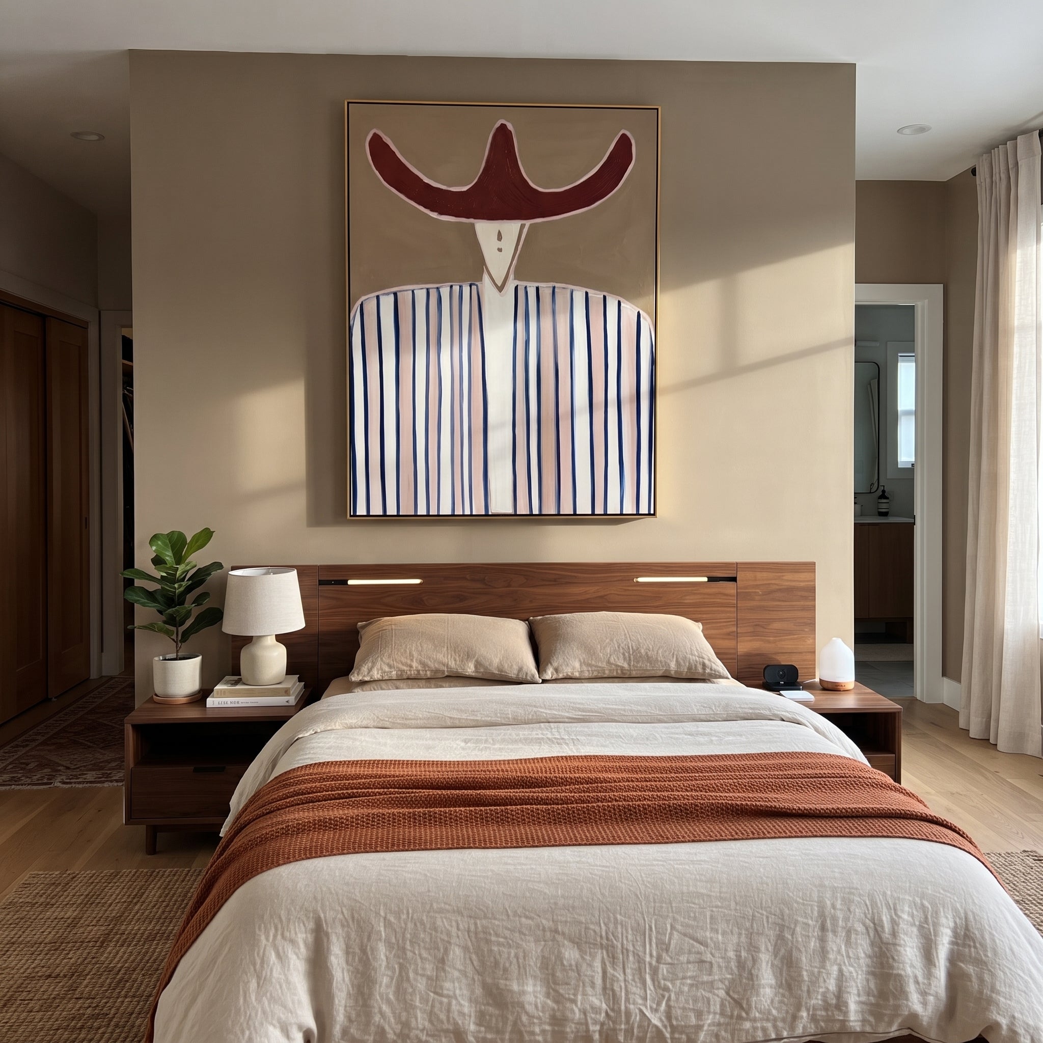 Rust Horns Meet Lines - blue striped hat figure painting by Elliot Vale, modern figurative vertical wall art - styled room scene view 3