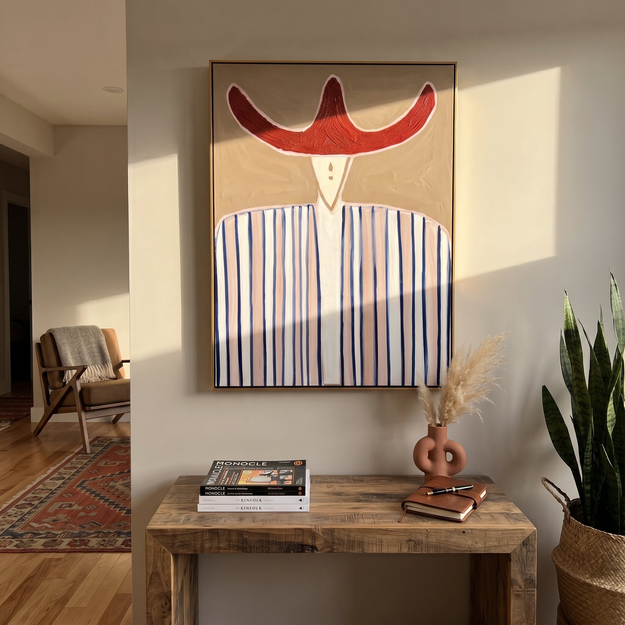 Rust Horns Meet Lines - blue striped hat figure painting by Elliot Vale, modern figurative vertical wall art - styled room scene view 4