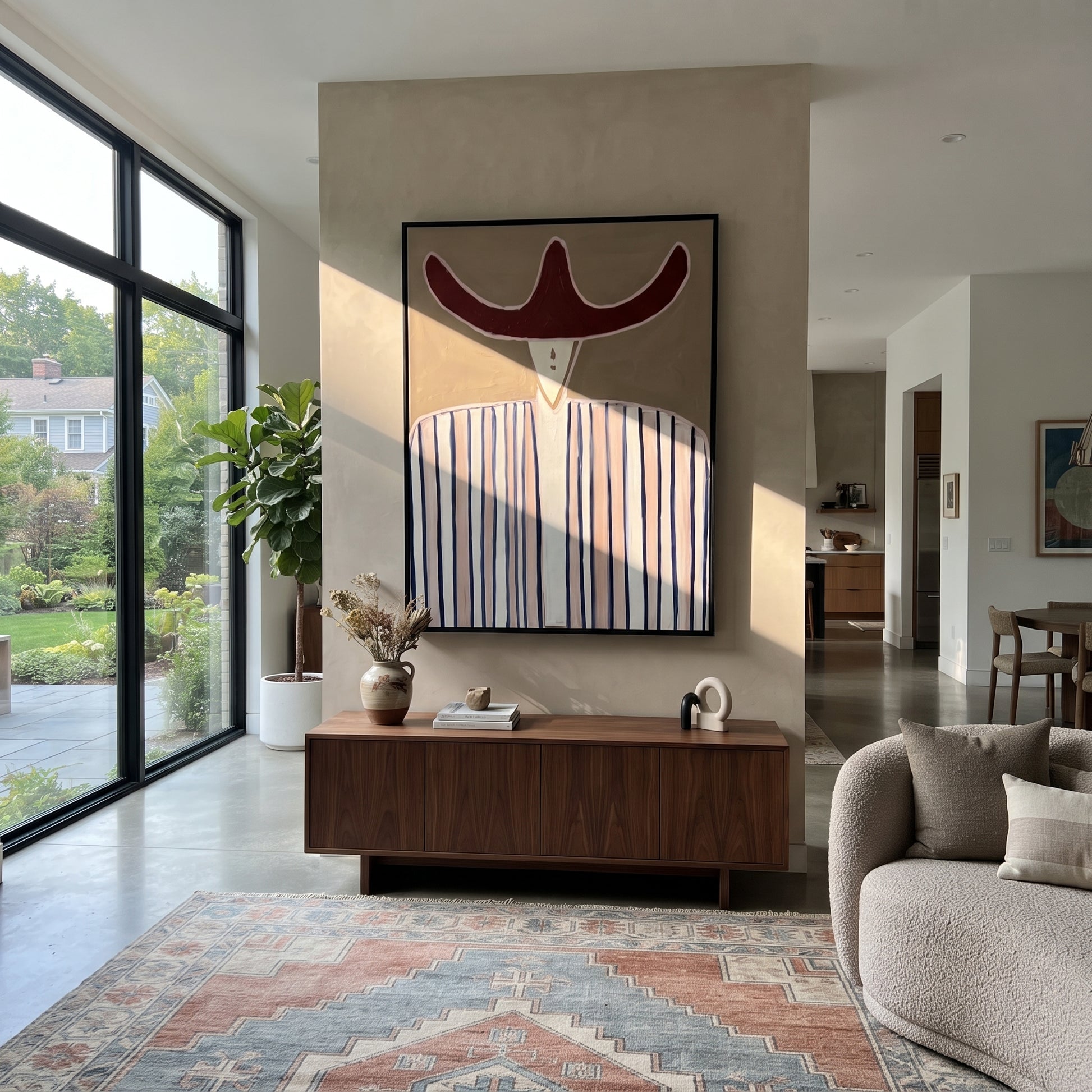 Rust Horns Meet Lines - blue striped hat figure painting by Elliot Vale, modern figurative vertical wall art - styled room scene view 5