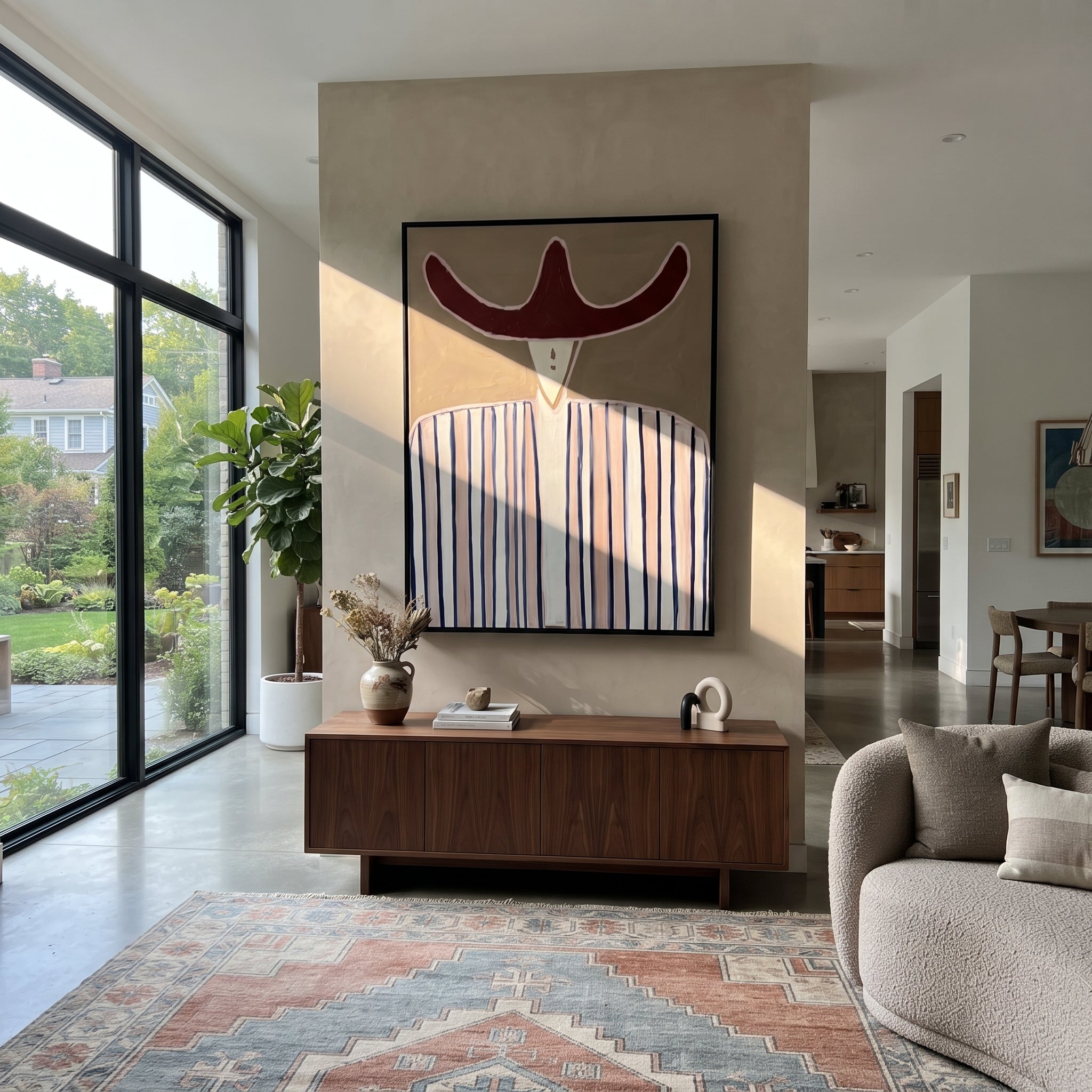 Rust Horns Meet Lines - blue striped hat figure painting by Elliot Vale, modern figurative vertical wall art - styled room scene view 5