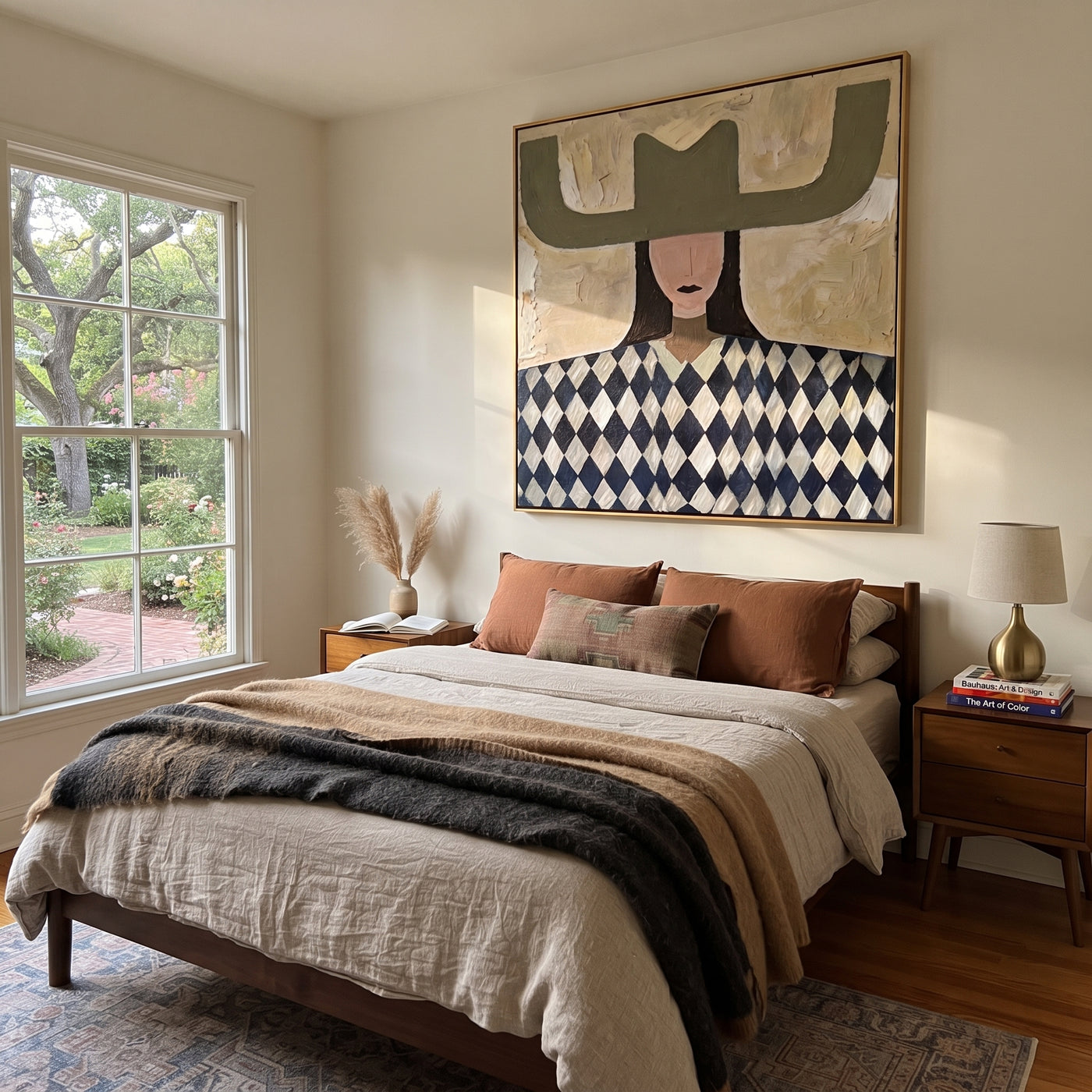 Olive Wings Crown Diamonds - diamond woman portrait painting by Elliot Vale, modern figurative square wall art - styled room scene view 1