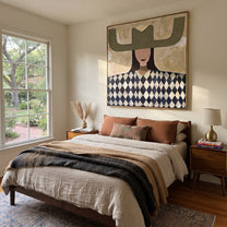 Olive Wings Crown Diamonds - diamond woman portrait painting by Elliot Vale, modern figurative square wall art - styled room scene view 1