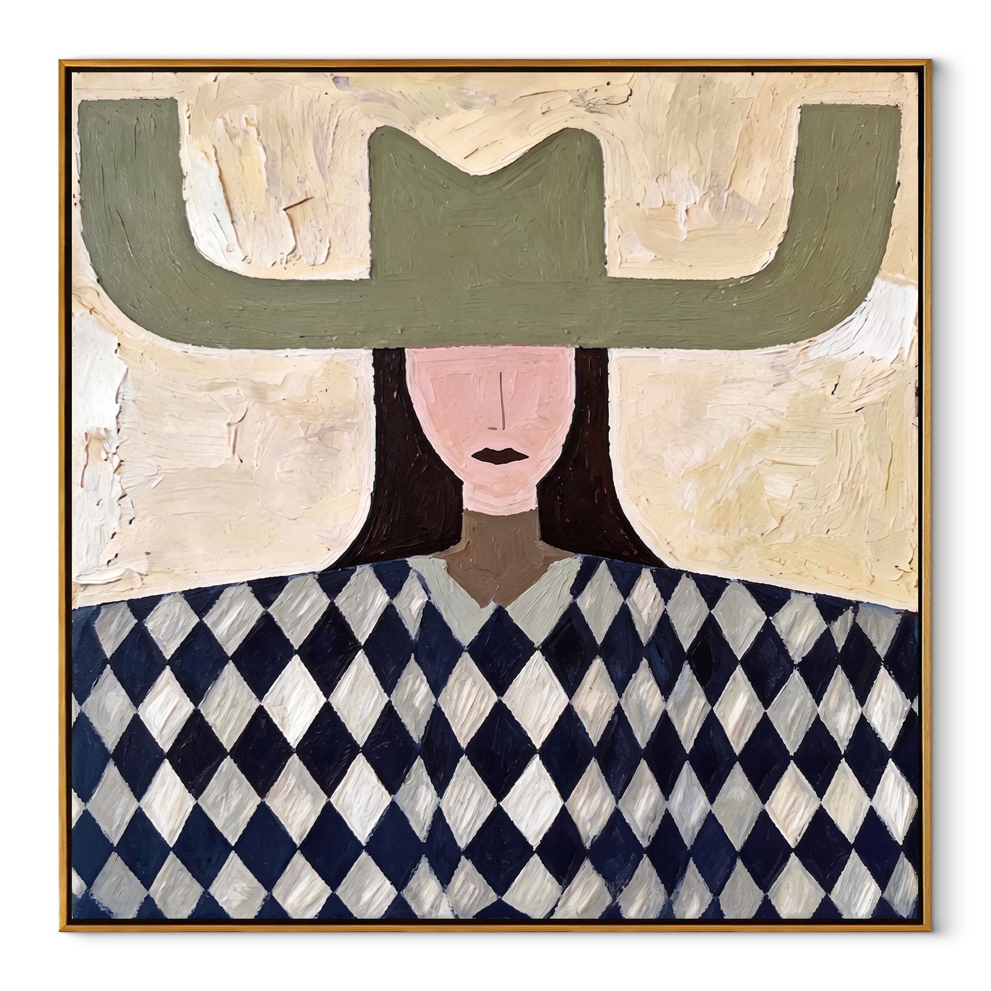 Olive Wings Crown Diamonds - diamond woman portrait painting by Elliot Vale, modern figurative square wall art - framed artwork on white background
