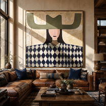 Olive Wings Crown Diamonds - diamond woman portrait painting by Elliot Vale, modern figurative square wall art - styled room scene view 2