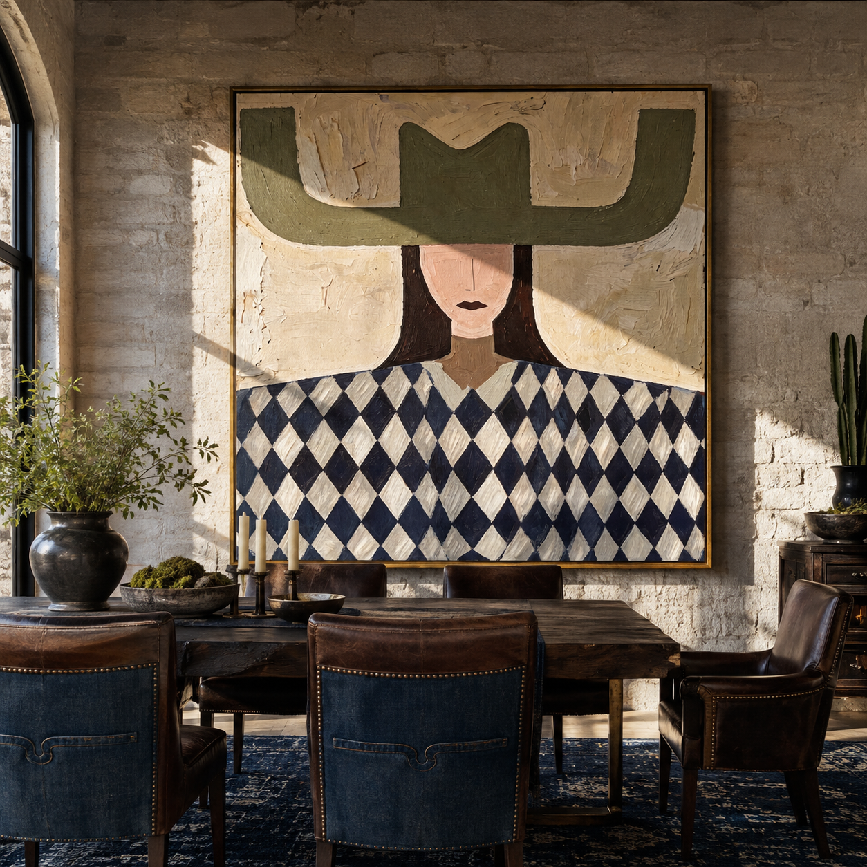 Olive Wings Crown Diamonds - diamond woman portrait painting by Elliot Vale, modern figurative square wall art - styled room scene view 3