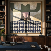 Olive Wings Crown Diamonds - diamond woman portrait painting by Elliot Vale, modern figurative square wall art - styled room scene view 4