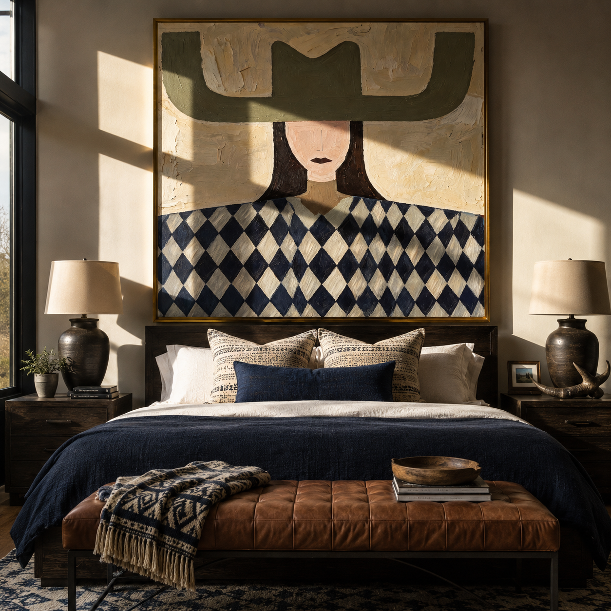 Olive Wings Crown Diamonds - diamond woman portrait painting by Elliot Vale, modern figurative square wall art - styled room scene view 5