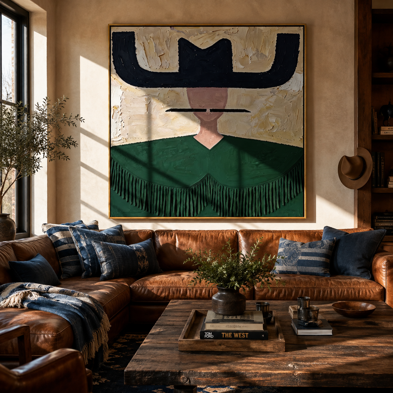 Navy Wings Guard Fringe - green fringe western painting by Elliot Vale, modern figurative square wall art - styled room scene view 1