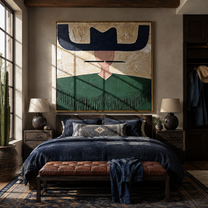 Navy Wings Guard Fringe - green fringe western painting by Elliot Vale, modern figurative square wall art - styled room scene view 3