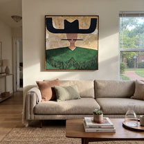 Navy Wings Guard Fringe - green fringe western painting by Elliot Vale, modern figurative square wall art - styled room scene view 4