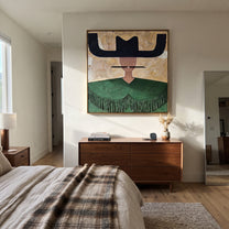 Navy Wings Guard Fringe - green fringe western painting by Elliot Vale, modern figurative square wall art - styled room scene view 5