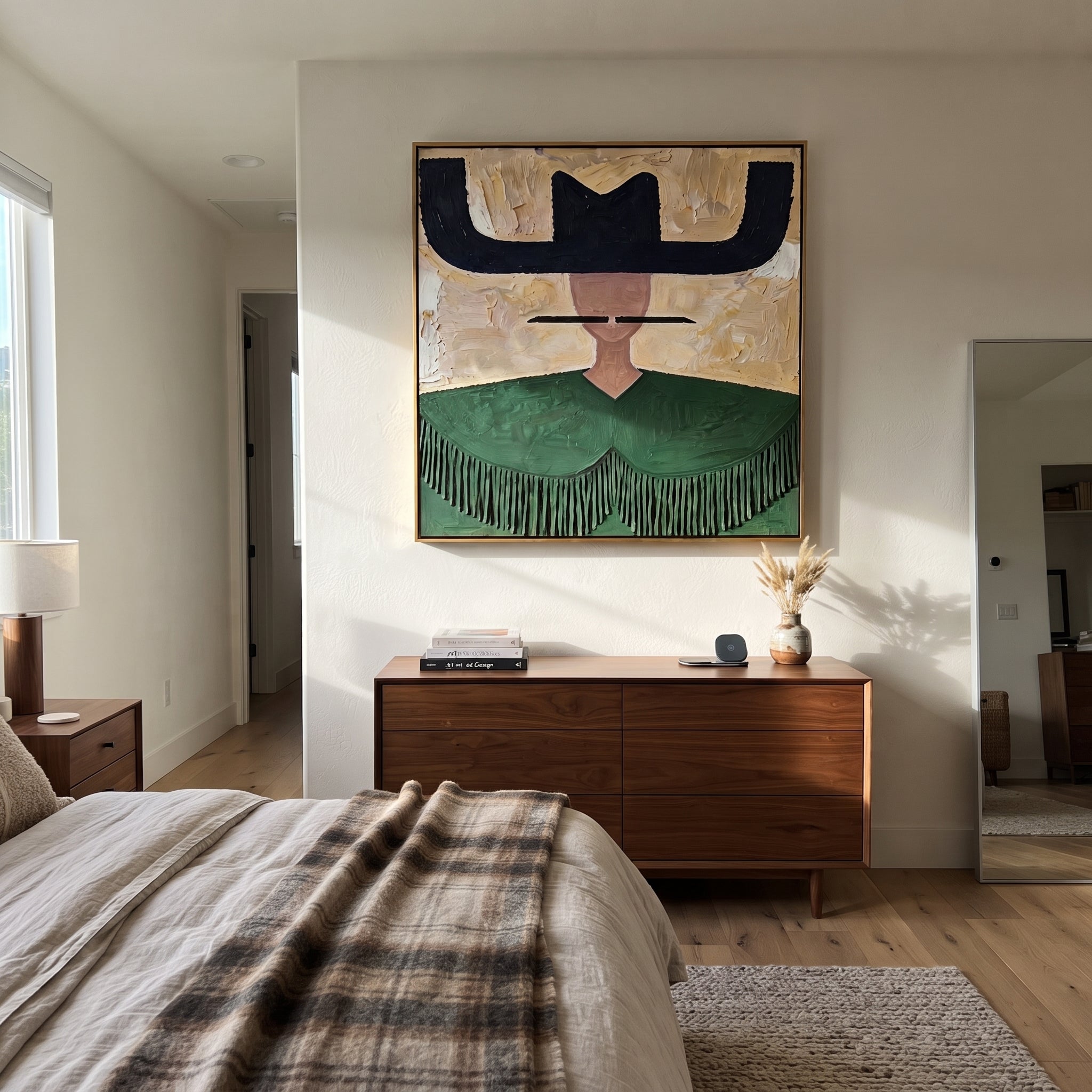 Navy Wings Guard Fringe - green fringe western painting by Elliot Vale, modern figurative square wall art - styled room scene view 5