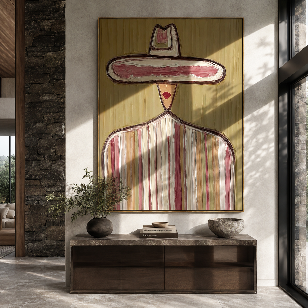 Rose Crown Floats Olive - pastel striped sombrero painting by Elliot Vale, modern figurative vertical wall art - styled room scene view 1
