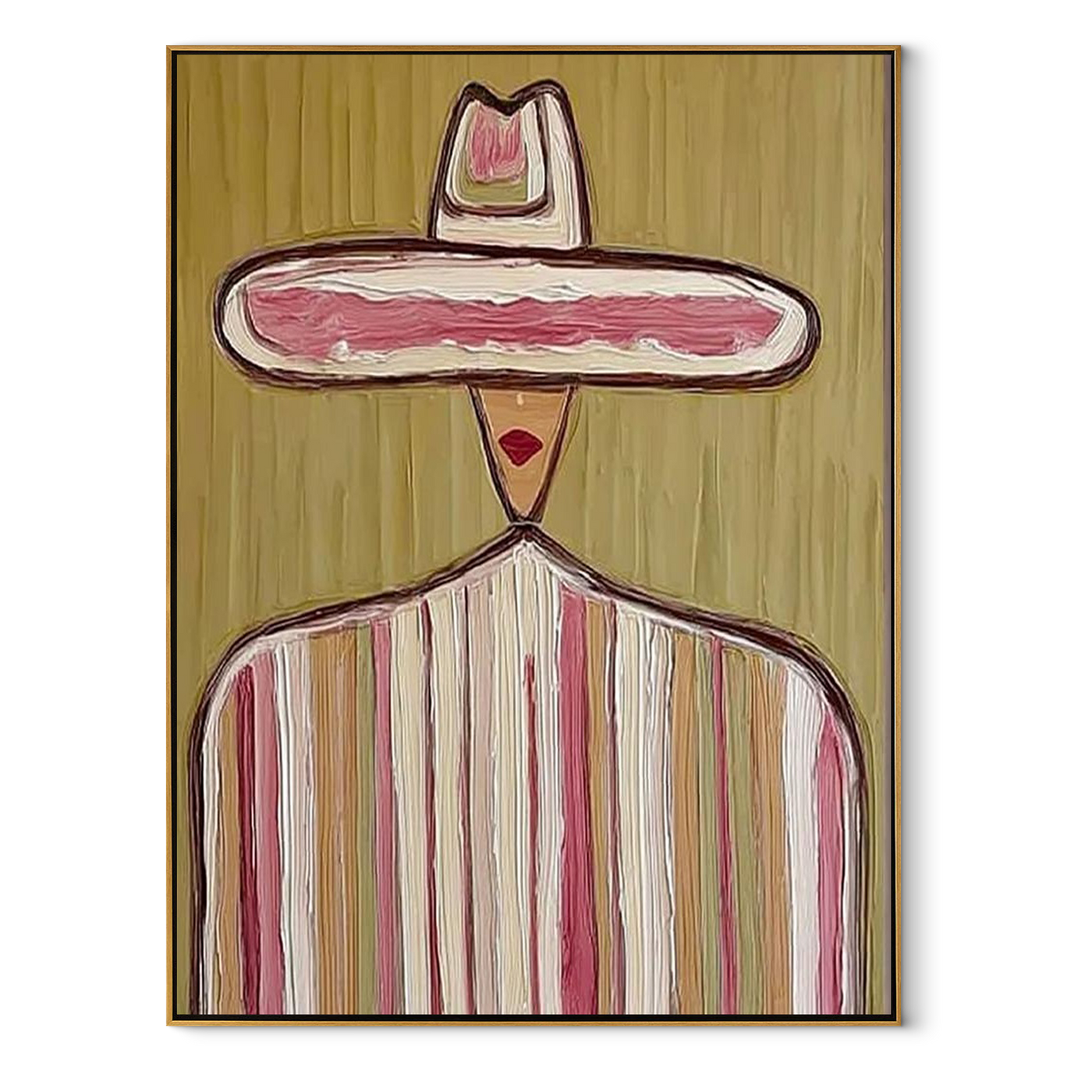Rose Crown Floats Olive - pastel striped sombrero painting by Elliot Vale, modern figurative vertical wall art - framed artwork on white background