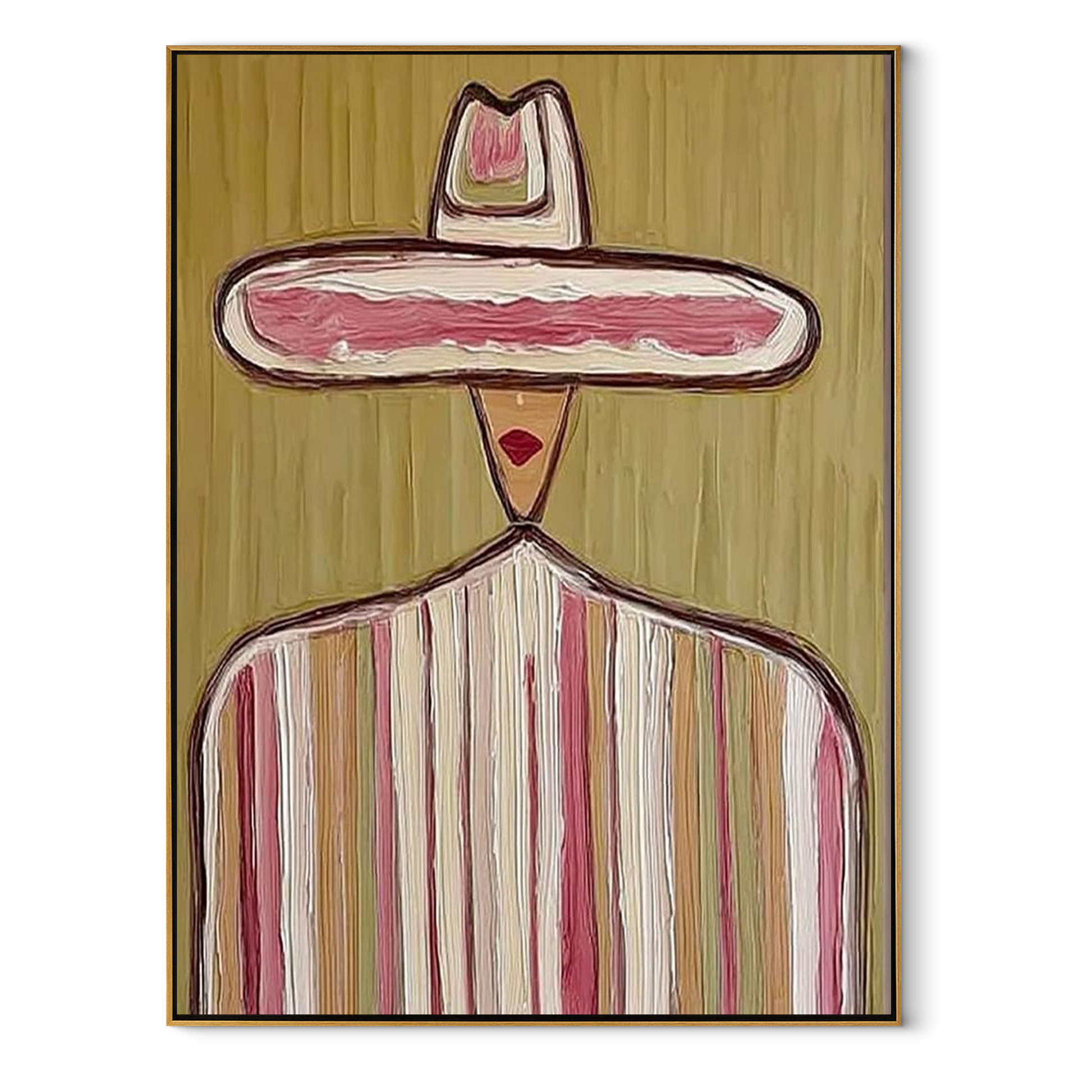 Rose Crown Floats Olive - pastel striped sombrero painting by Elliot Vale, modern figurative vertical wall art - framed artwork on white background