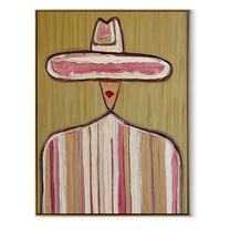 Rose Crown Floats Olive - pastel striped sombrero painting by Elliot Vale, modern figurative vertical wall art - framed artwork on white background