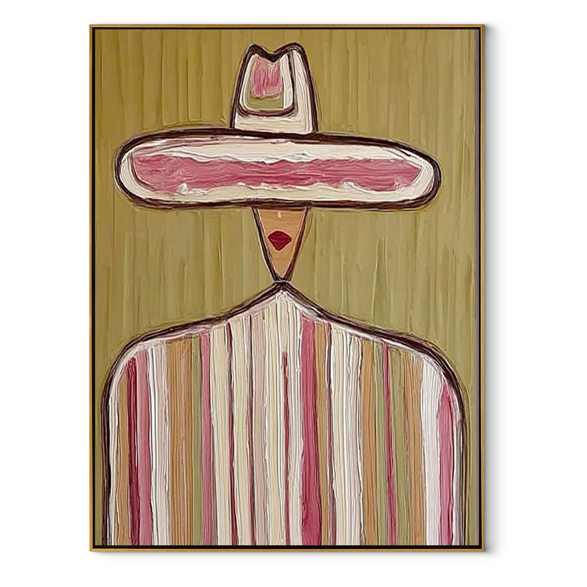 Rose Crown Floats Olive - pastel striped sombrero painting by Elliot Vale, modern figurative vertical wall art - framed artwork on white background