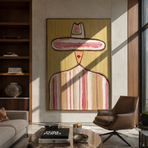 Rose Crown Floats Olive - pastel striped sombrero painting by Elliot Vale, modern figurative vertical wall art - styled room scene view 2