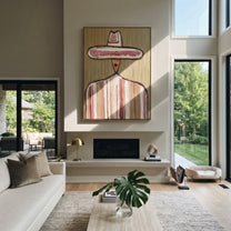 Rose Crown Floats Olive - pastel striped sombrero painting by Elliot Vale, modern figurative vertical wall art - styled room scene view 3