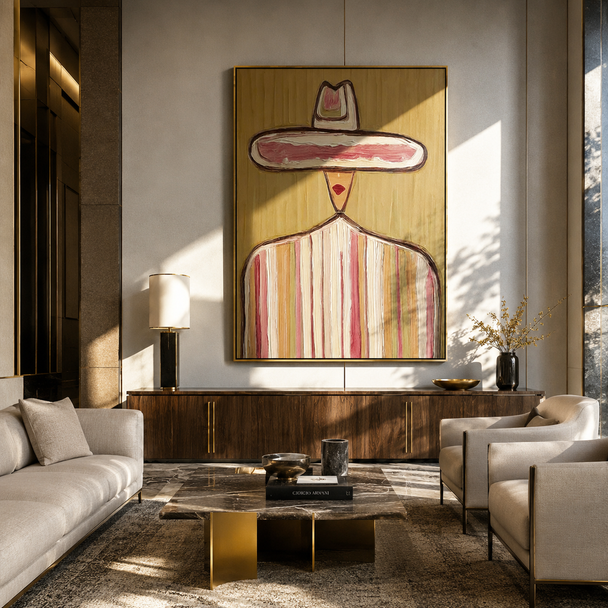 Rose Crown Floats Olive - pastel striped sombrero painting by Elliot Vale, modern figurative vertical wall art - styled room scene view 5