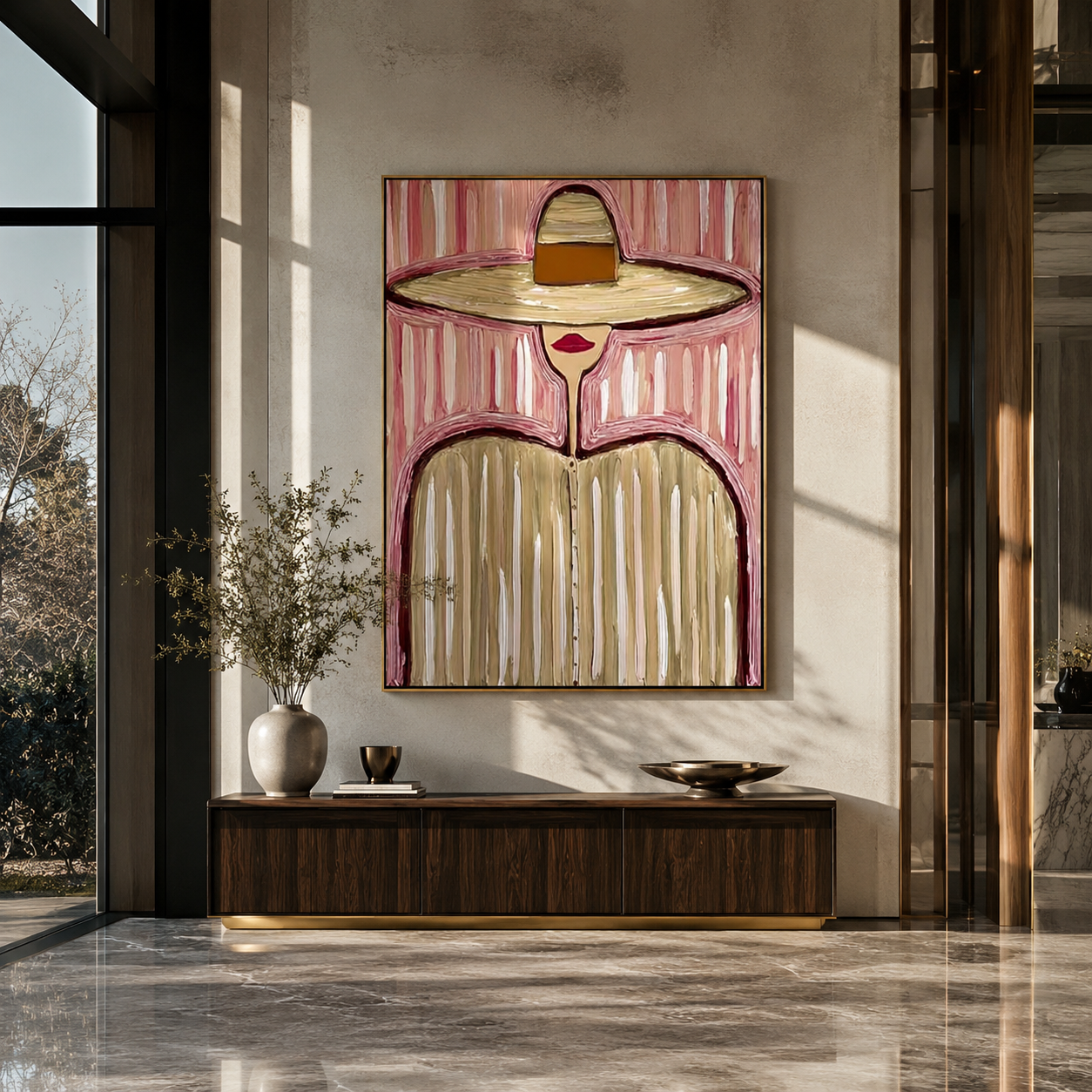 Sand Brim Meets Pink - pastel striped hat figure painting by Elliot Vale, modern figurative vertical wall art - styled room scene view 1