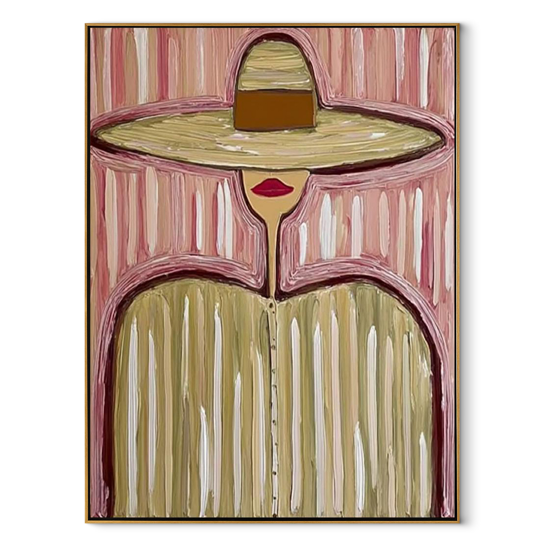 Sand Brim Meets Pink - pastel striped hat figure painting by Elliot Vale, modern figurative vertical wall art - framed artwork on white background