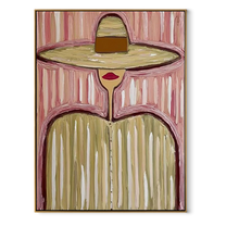 Sand Brim Meets Pink - pastel striped hat figure painting by Elliot Vale, modern figurative vertical wall art - framed artwork on white background
