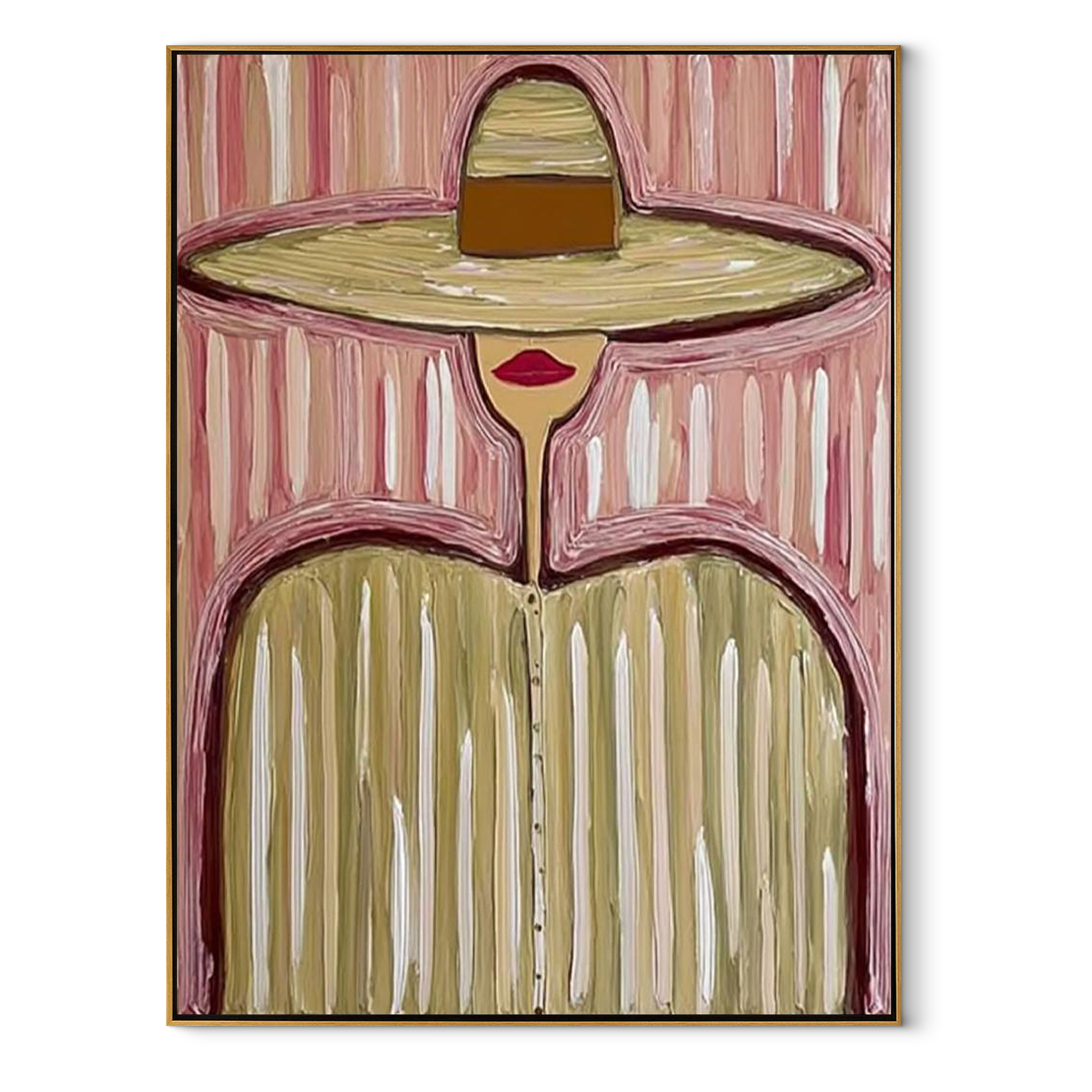 Sand Brim Meets Pink - pastel striped hat figure painting by Elliot Vale, modern figurative vertical wall art - framed artwork on white background