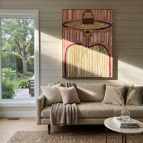 Sand Brim Meets Pink - pastel striped hat figure painting by Elliot Vale, modern figurative vertical wall art - styled room scene view 3