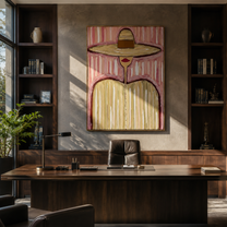 Sand Brim Meets Pink - pastel striped hat figure painting by Elliot Vale, modern figurative vertical wall art - styled room scene view 4