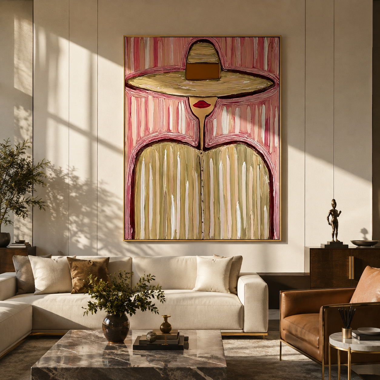 Sand Brim Meets Pink - pastel striped hat figure painting by Elliot Vale, modern figurative vertical wall art - styled room scene view 5