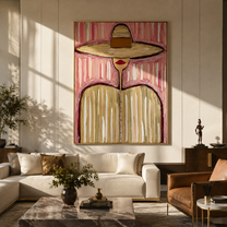 Sand Brim Meets Pink - pastel striped hat figure painting by Elliot Vale, modern figurative vertical wall art - styled room scene view 5