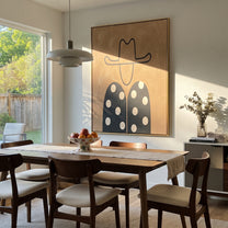 White Dots Meet Black - polka dot western figure painting by Elliot Vale, modern figurative vertical wall art - styled room scene view 1