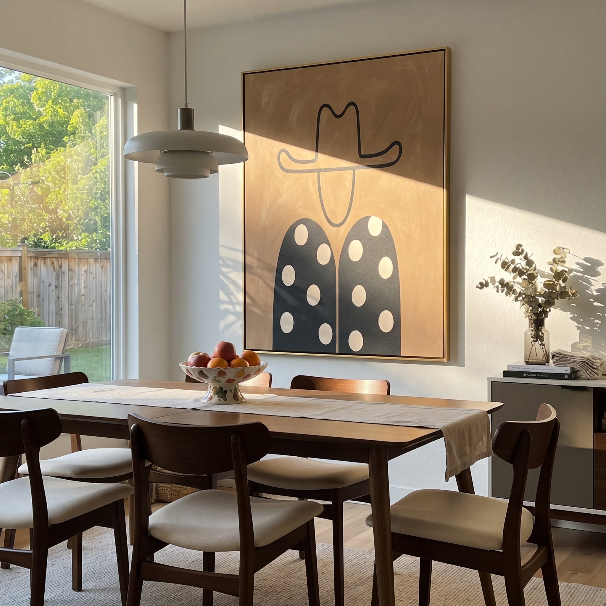 White Dots Meet Black - polka dot western figure painting by Elliot Vale, modern figurative vertical wall art - styled room scene view 1