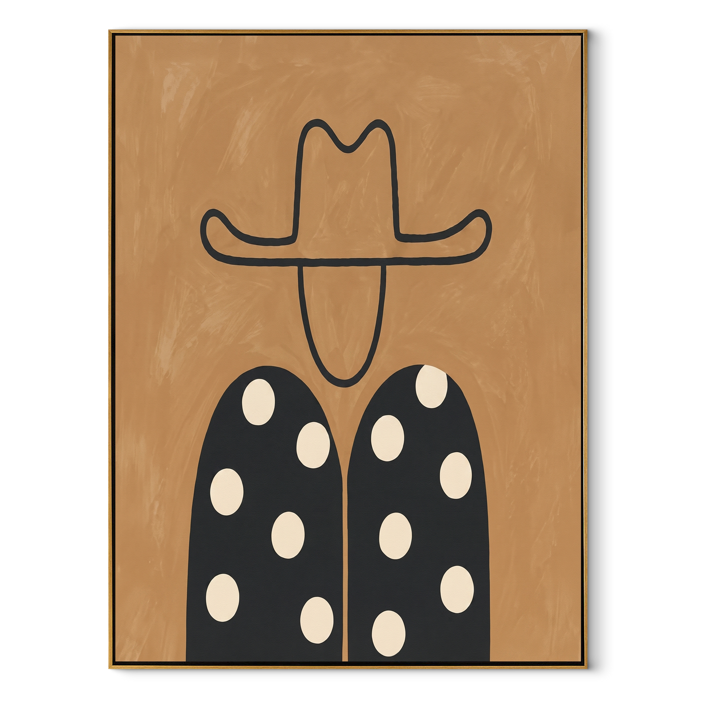 White Dots Meet Black - polka dot western figure painting by Elliot Vale, modern figurative vertical wall art - framed artwork on white background