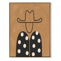 White Dots Meet Black - polka dot western figure painting by Elliot Vale, modern figurative vertical wall art - framed artwork on white background