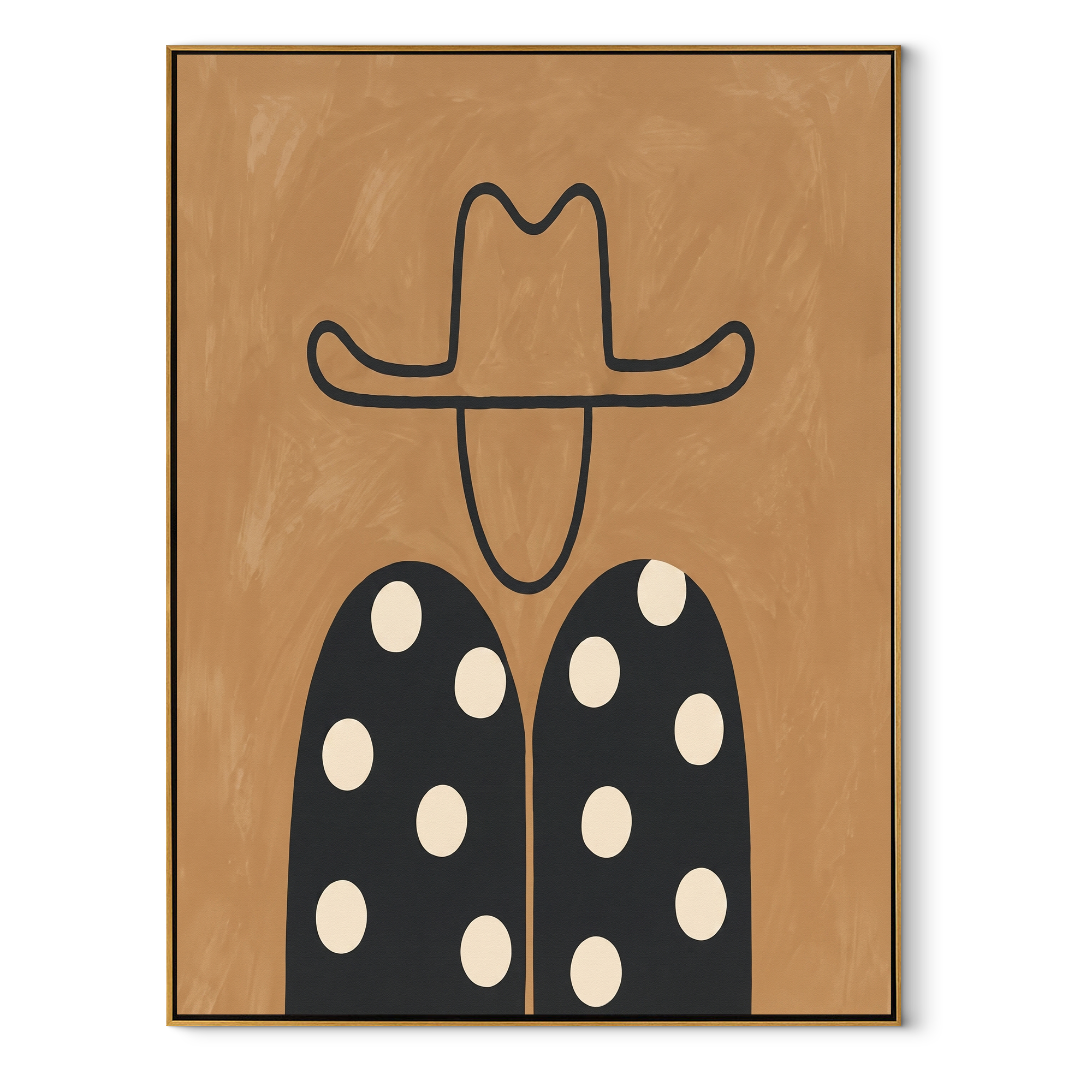 White Dots Meet Black - polka dot western figure painting by Elliot Vale, modern figurative vertical wall art - framed artwork on white background