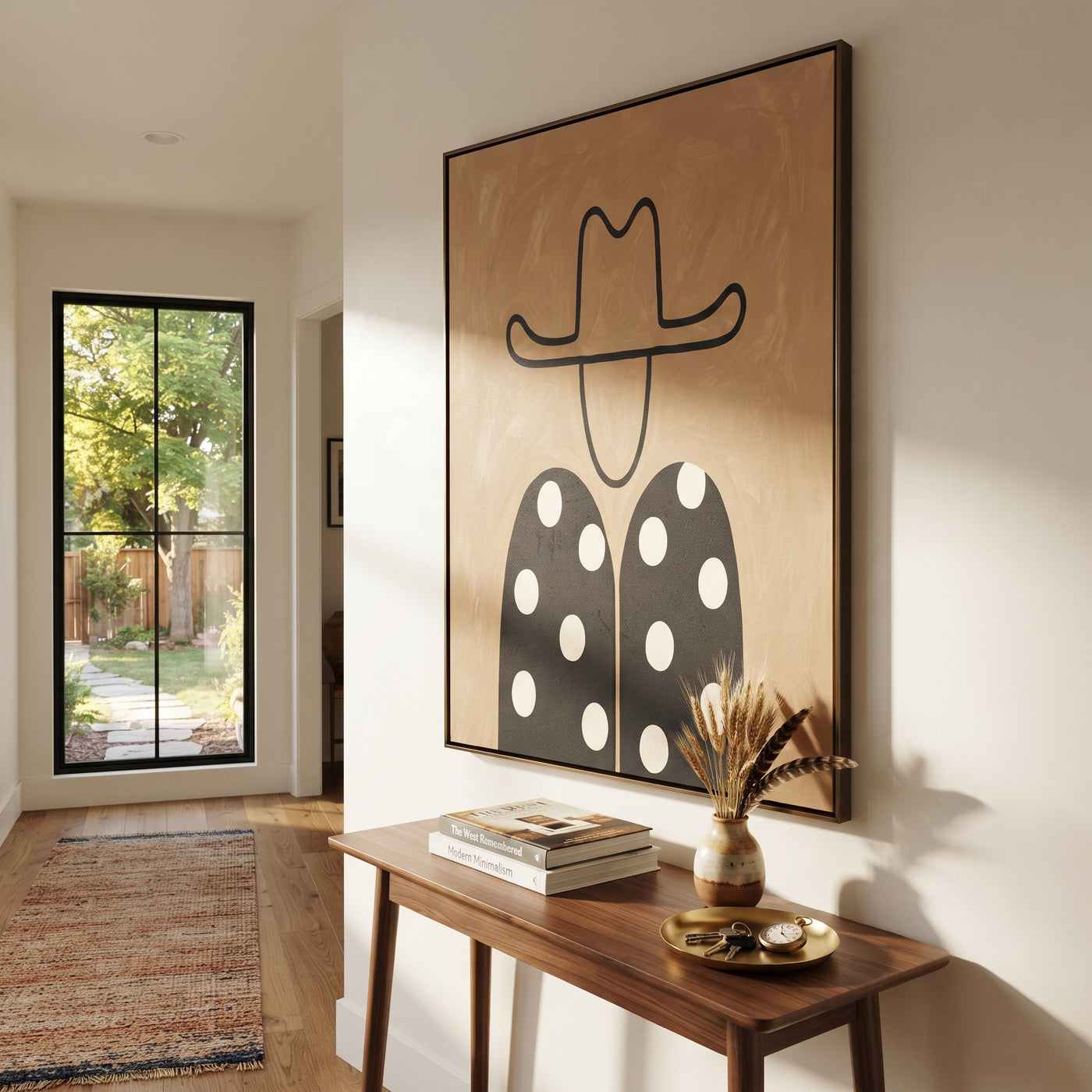 White Dots Meet Black - polka dot western figure painting by Elliot Vale, modern figurative vertical wall art - styled room scene view 2