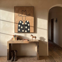 White Dots Meet Black - polka dot western figure painting by Elliot Vale, modern figurative vertical wall art - styled room scene view 3