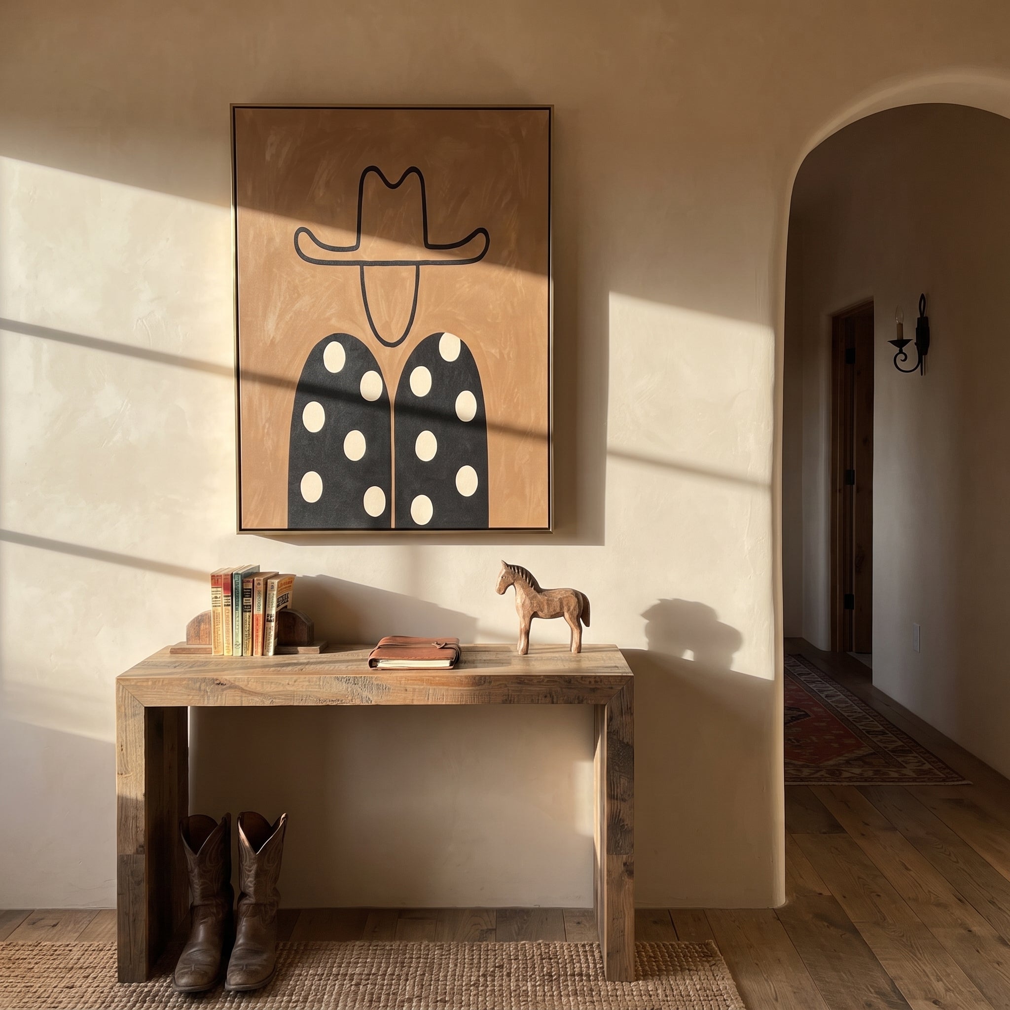 White Dots Meet Black - polka dot western figure painting by Elliot Vale, modern figurative vertical wall art - styled room scene view 3