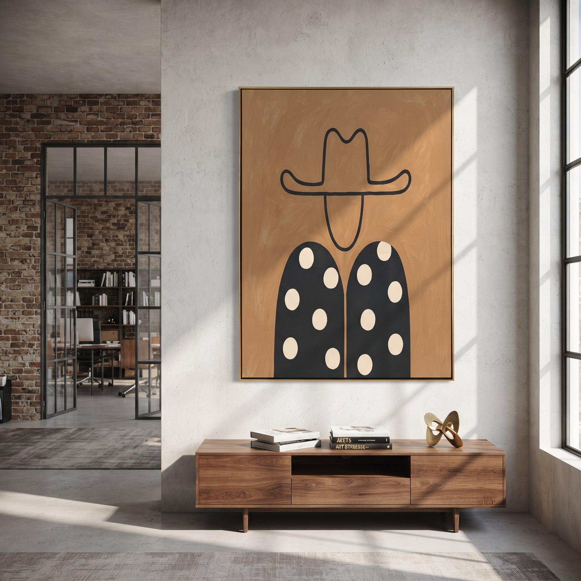 White Dots Meet Black - polka dot western figure painting by Elliot Vale, modern figurative vertical wall art - styled room scene view 4