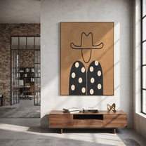 White Dots Meet Black - polka dot western figure painting by Elliot Vale, modern figurative vertical wall art - styled room scene view 4