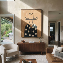 White Dots Meet Black - polka dot western figure painting by Elliot Vale, modern figurative vertical wall art - styled room scene view 5
