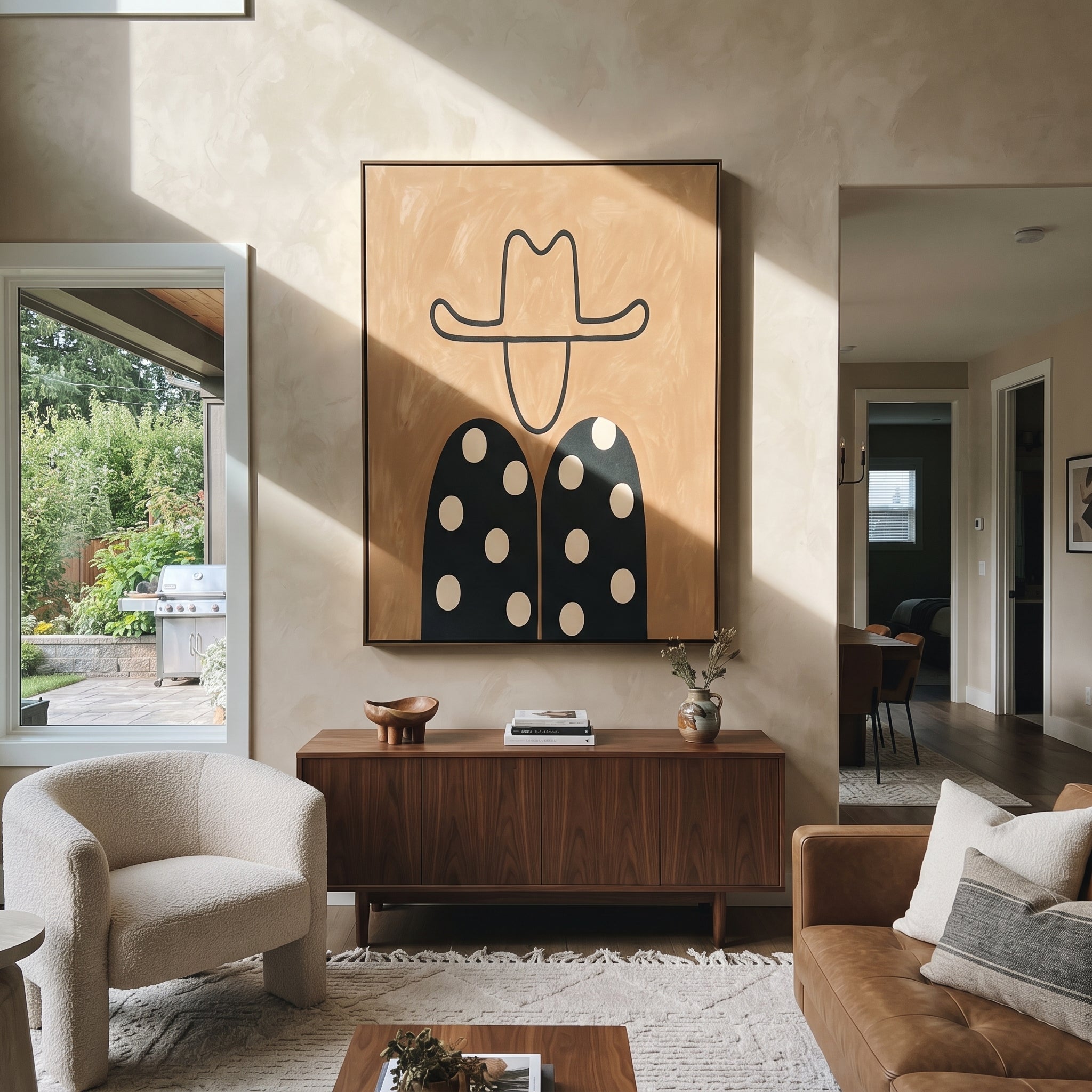 White Dots Meet Black - polka dot western figure painting by Elliot Vale, modern figurative vertical wall art - styled room scene view 5