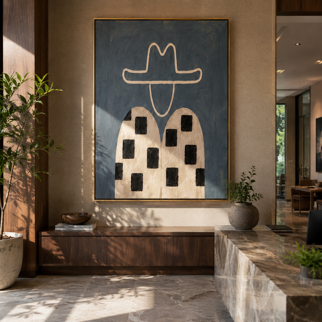 Black Blocks Cross Linen - geometric western figure painting by Elliot Vale, modern figurative vertical wall art - styled room scene view 1