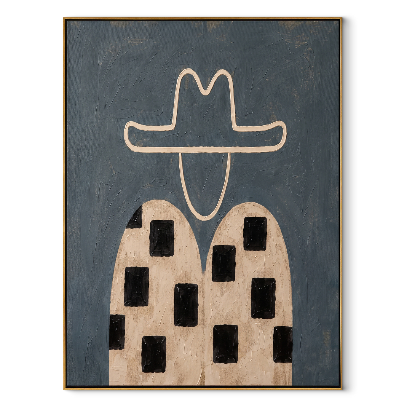 Black Blocks Cross Linen - geometric western figure painting by Elliot Vale, modern figurative vertical wall art - framed artwork on white background