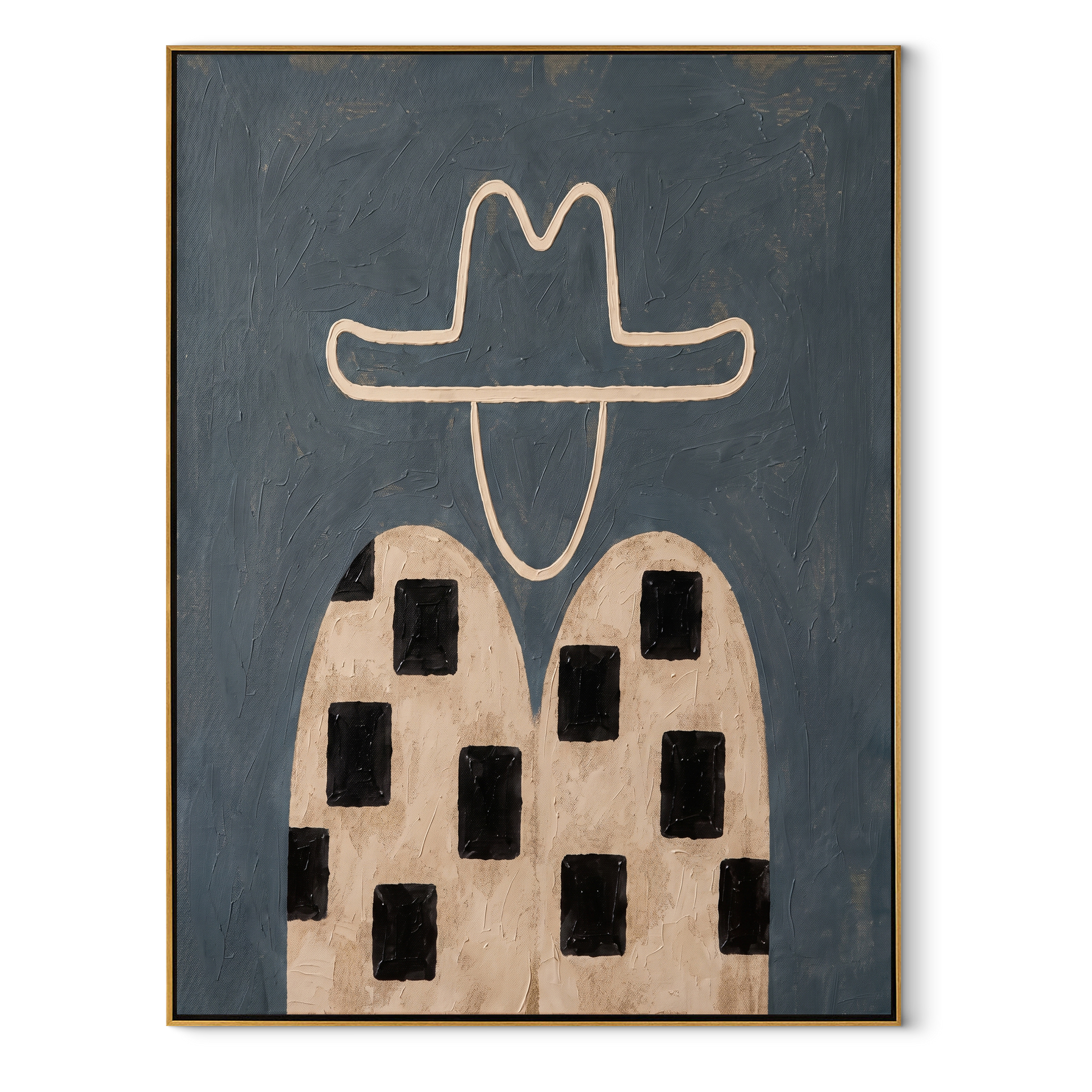 Black Blocks Cross Linen - geometric western figure painting by Elliot Vale, modern figurative vertical wall art - framed artwork on white background