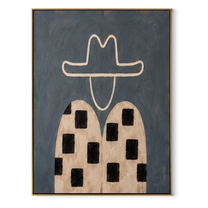 Black Blocks Cross Linen - geometric western figure painting by Elliot Vale, modern figurative vertical wall art - framed artwork on white background