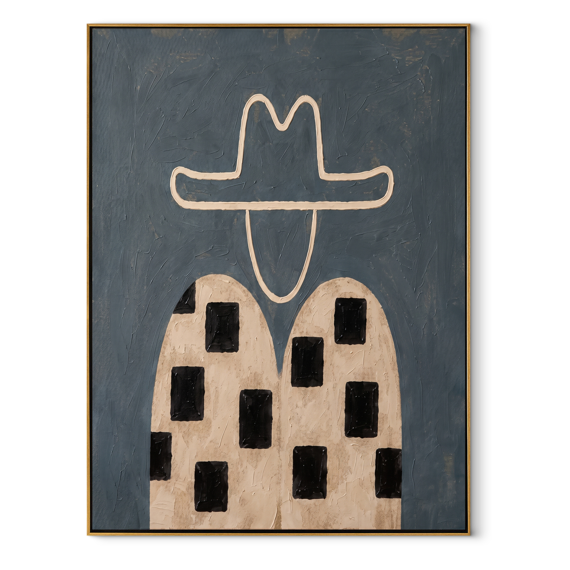 Black Blocks Cross Linen - geometric western figure painting by Elliot Vale, modern figurative vertical wall art - framed artwork on white background